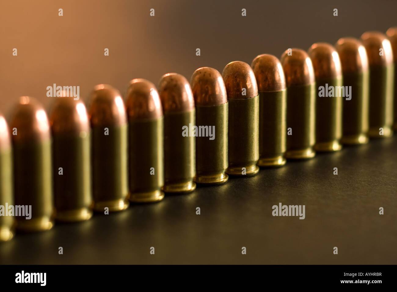 Row of .45 caliber bullets Stock Photo