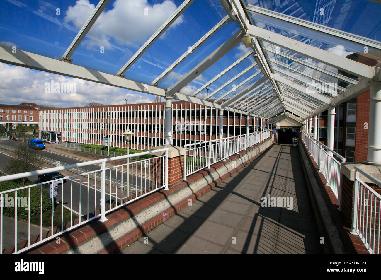 car park link bridge Welwyn Garden City well laid out town centre Hertfordshire, England Stock