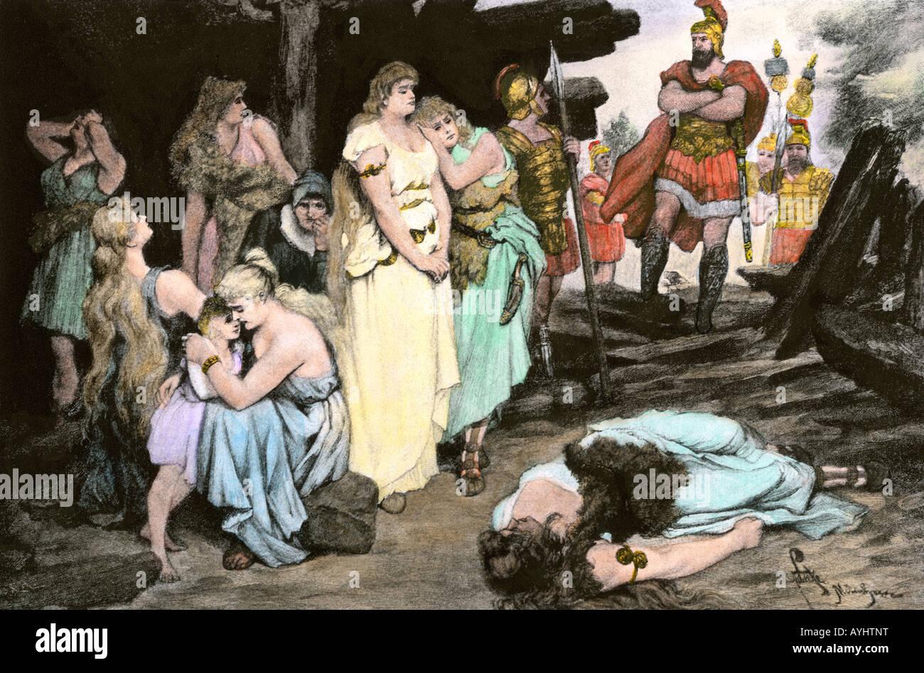 Germanic women captured by Roman army under Julius Caesar. Hand-colored halftone of an illustration Stock Photo