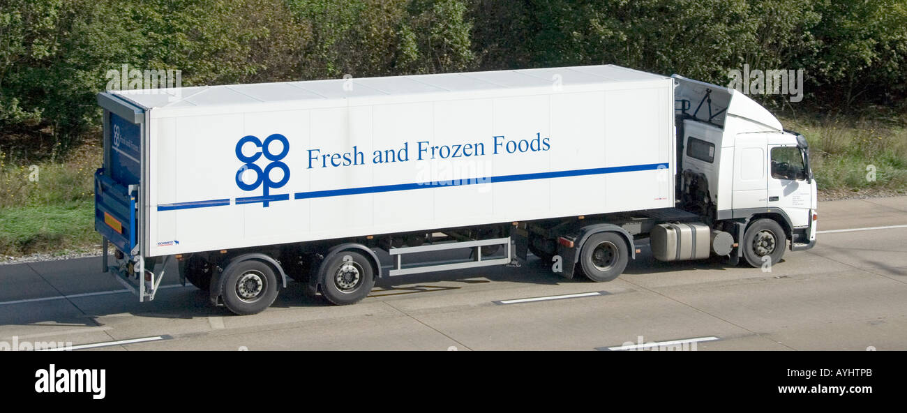 Co op fresh & frozen food supply chain articulated delivery trailer & hgv lorry truck used for food distribution to co operative supermarket stores UK Stock Photo