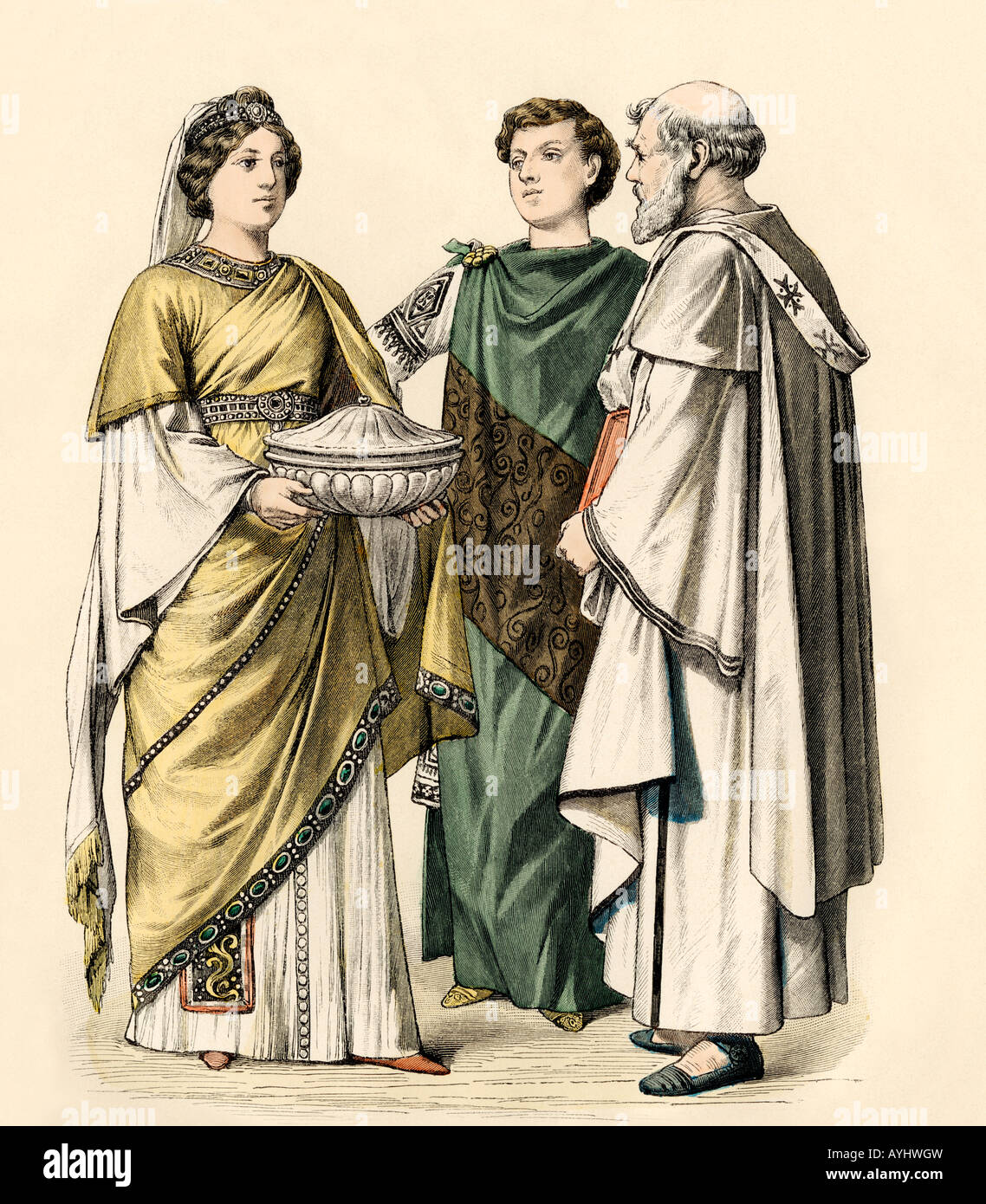 Officials of the Byzantine Empire in the sixth century AD. Hand-colored ...