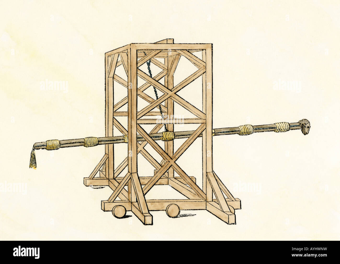 Suspended battering ram for siege warfare. Hand-colored woodcut Stock Photo