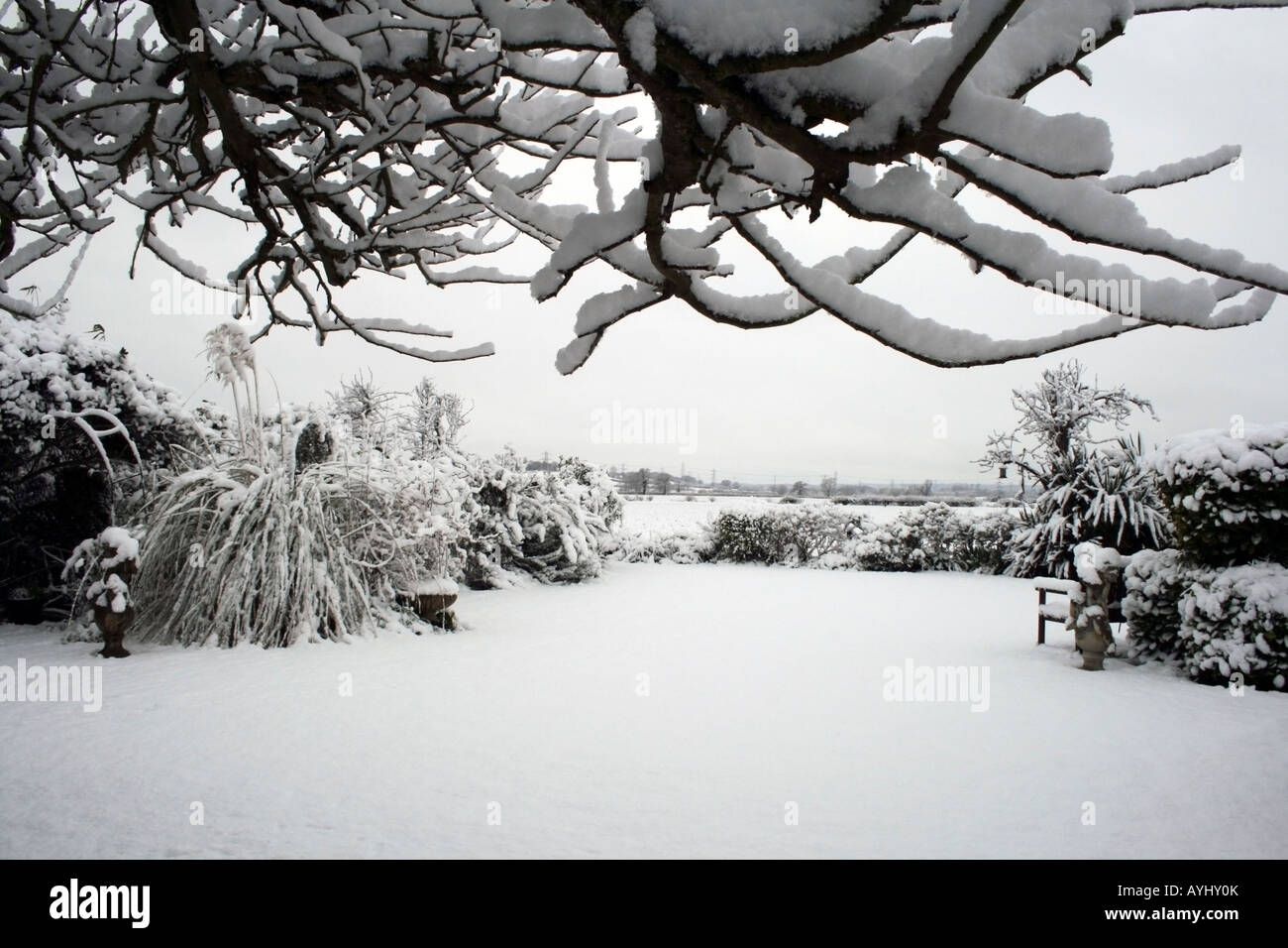 Cold In April Snow scene in April, an English garden Stock Photo - Alamy