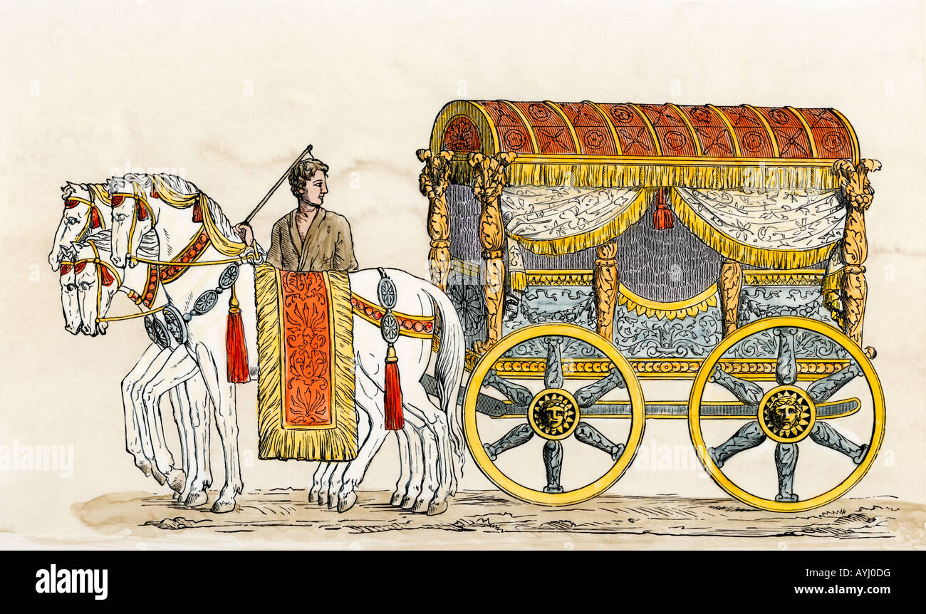 Roman travelling carriage drawn by four horses. Hand-colored woodcut Stock Photo