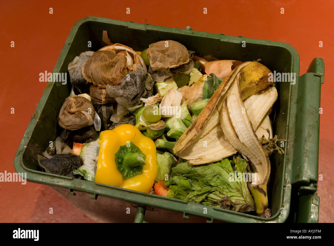 waste green food in a kitchen compost bin Stock Photo