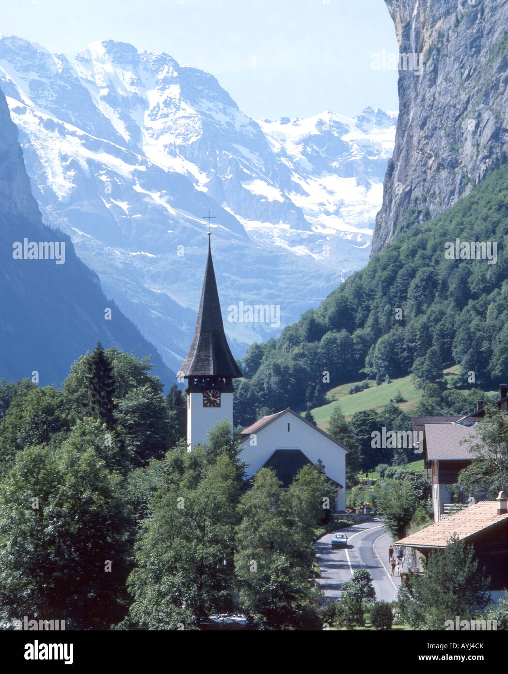 Lauterbrunnen Village and Wall, Lauterbrunnen Valley, Lauterbrunnen, Bern, Switzerland Stock Photo