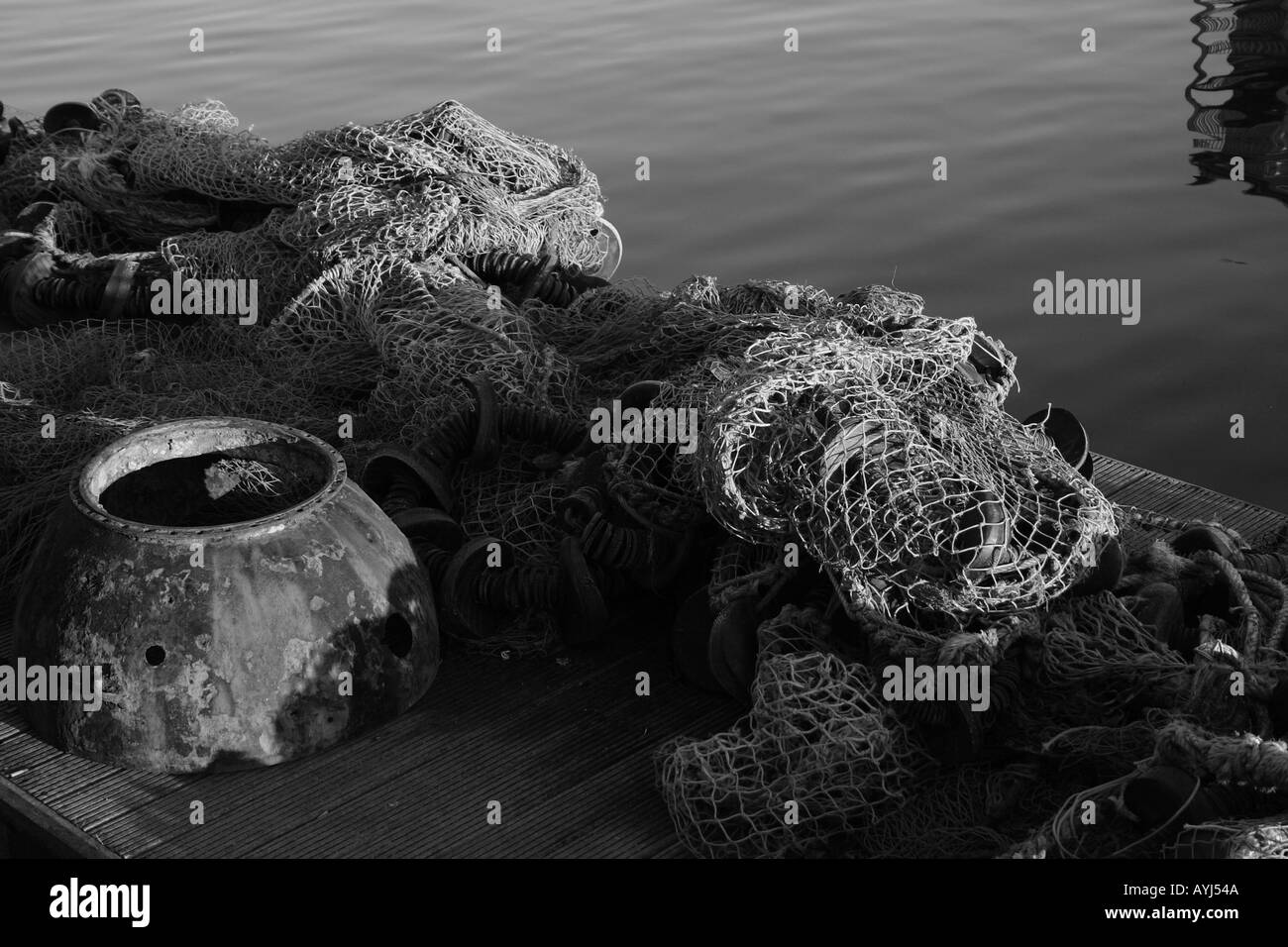 A black and white image of a fisherman s net in Hartlepool Marina Stock