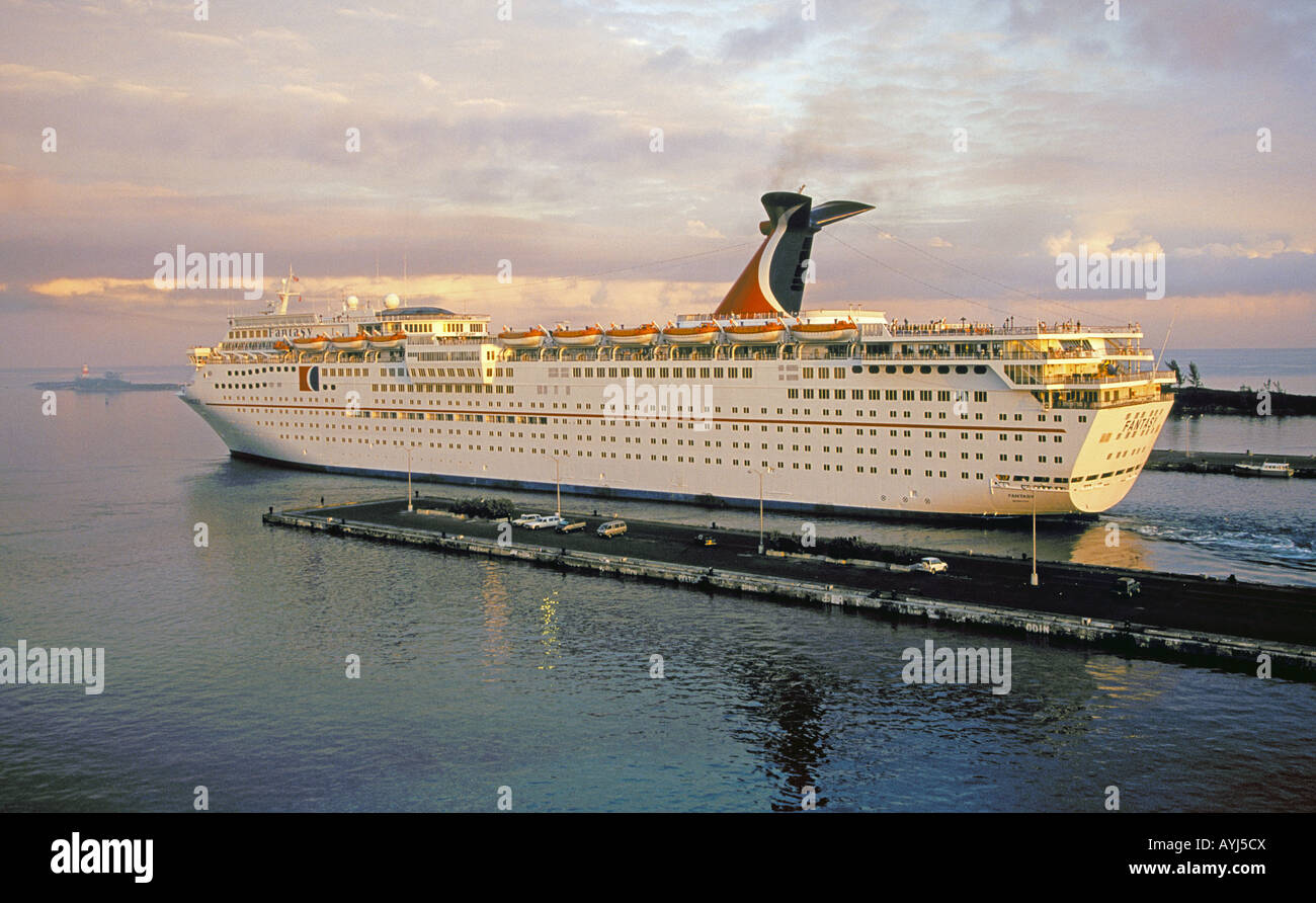 A cruise ship the Carnival ship Fantasy in the harbor of Nassau Bahamas Stock Photo