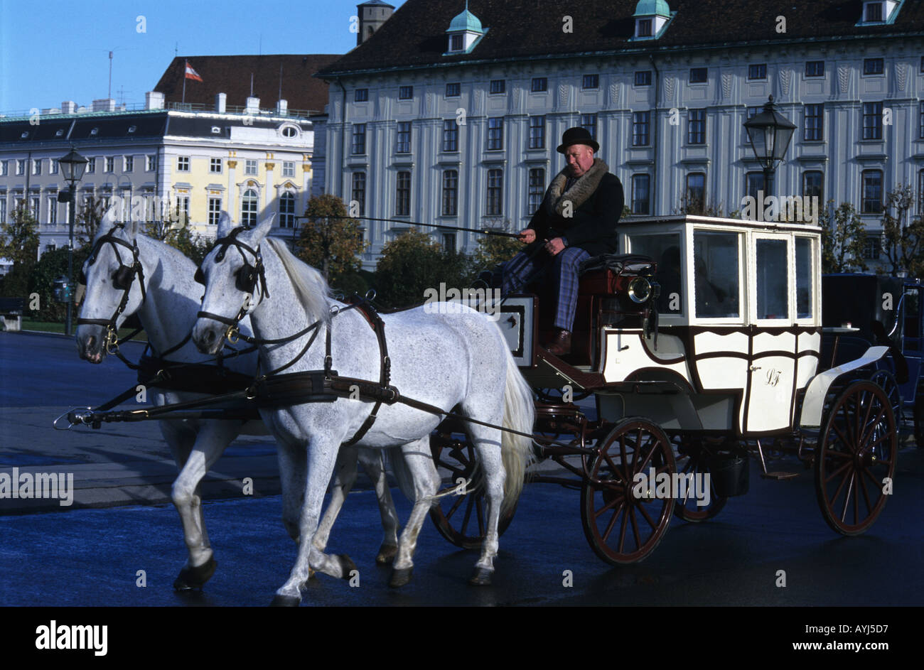 Vienna Fiaker carriage passing through Heldenplatz square Stock Photo