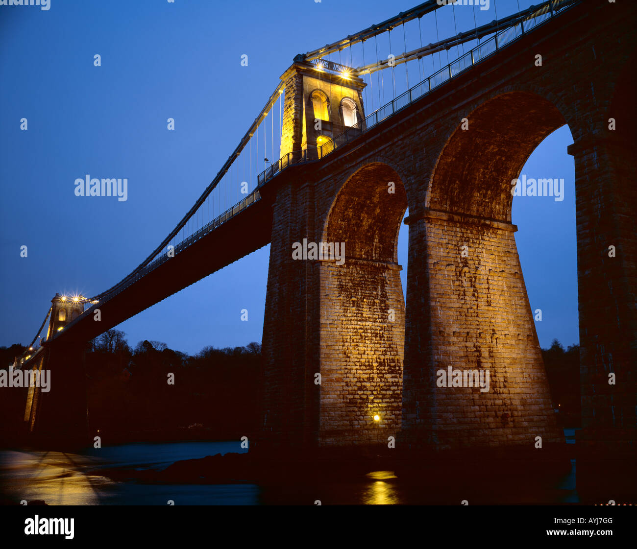 The Menai bridge at Twilight, Bangor. Wales Stock Photo Alamy