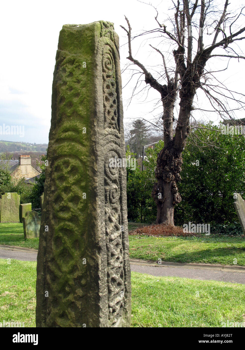 Saxon cross shaft in Bakewell All Saints church Derbyshire Peak District National park, England Stock Photo