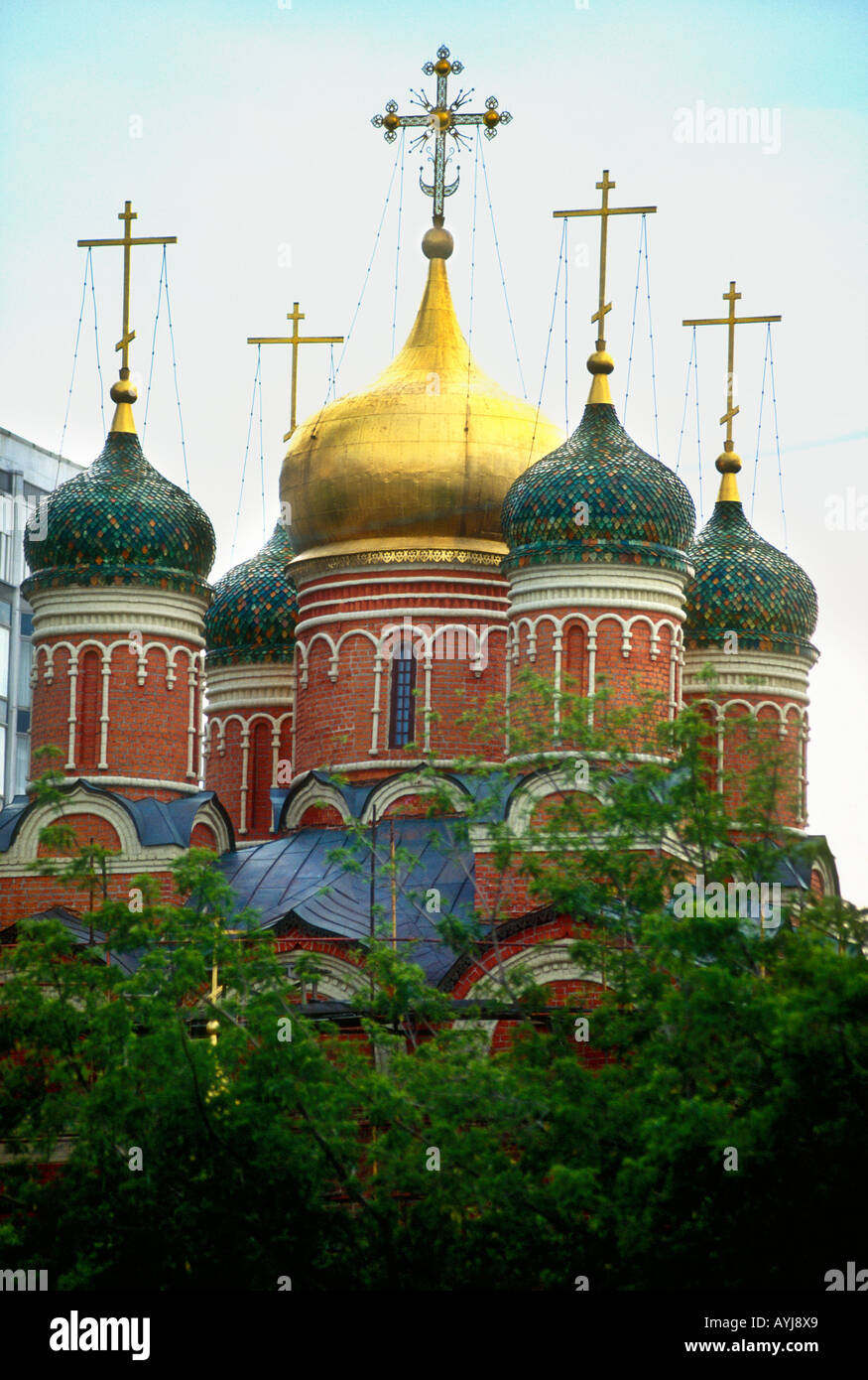 Gold and Green coloured domed cupolas cathedral in Moscow Russia Stock