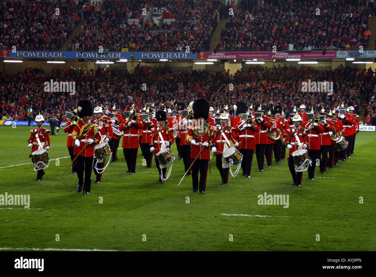 Regimental Band of The Royal Welsh Regiment marching in the Millenium Stadium, Cardiff before the Wales v France Grand Slam game Stock Photo