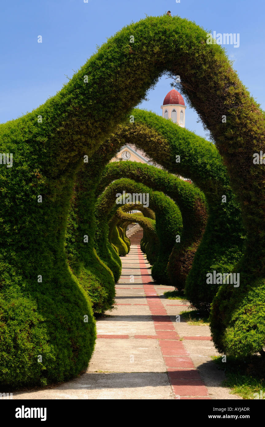 Topiary garden archways and path in Zarcero Costa Rica with views of San Rafael catholic church Stock Photo