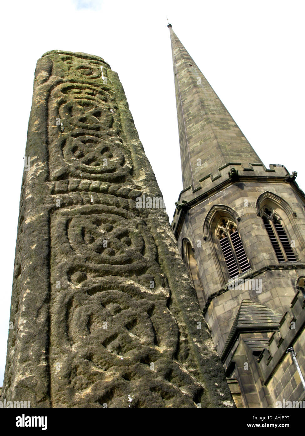 Saxon cross shaft and steeple in Bakewell All Saints church Derbyshire Peak District National park, England Stock Photo