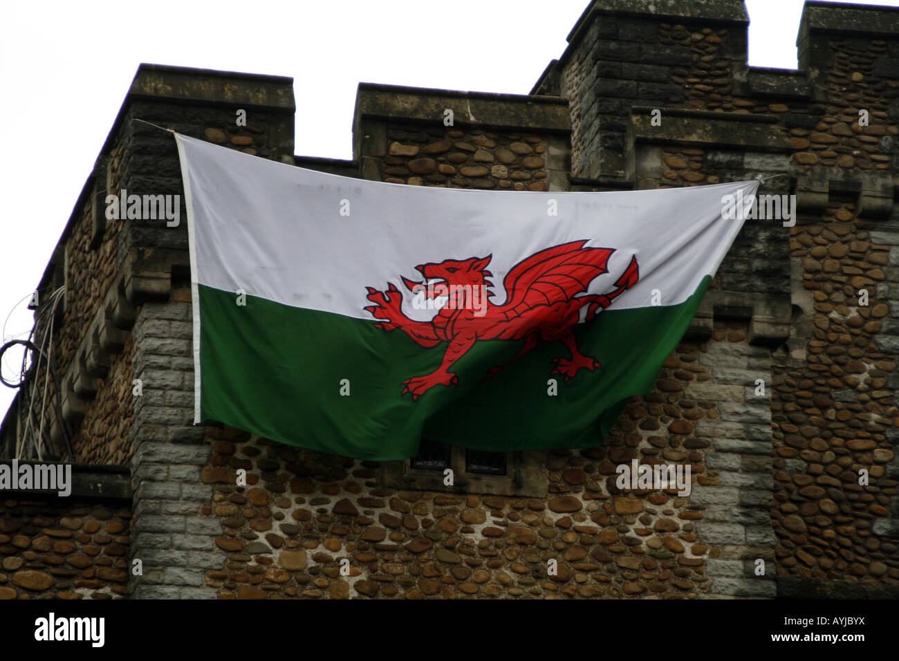 Welsh flag hanging on Cardiff Castle, Wales v France 6 Nations rugby, Cardiff 2008 Stock Photo