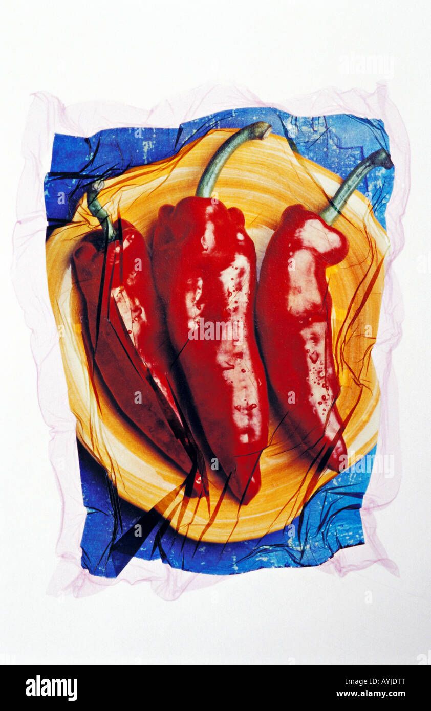 Three chilies on yellow plate Polaroid image transfer Stock Photo