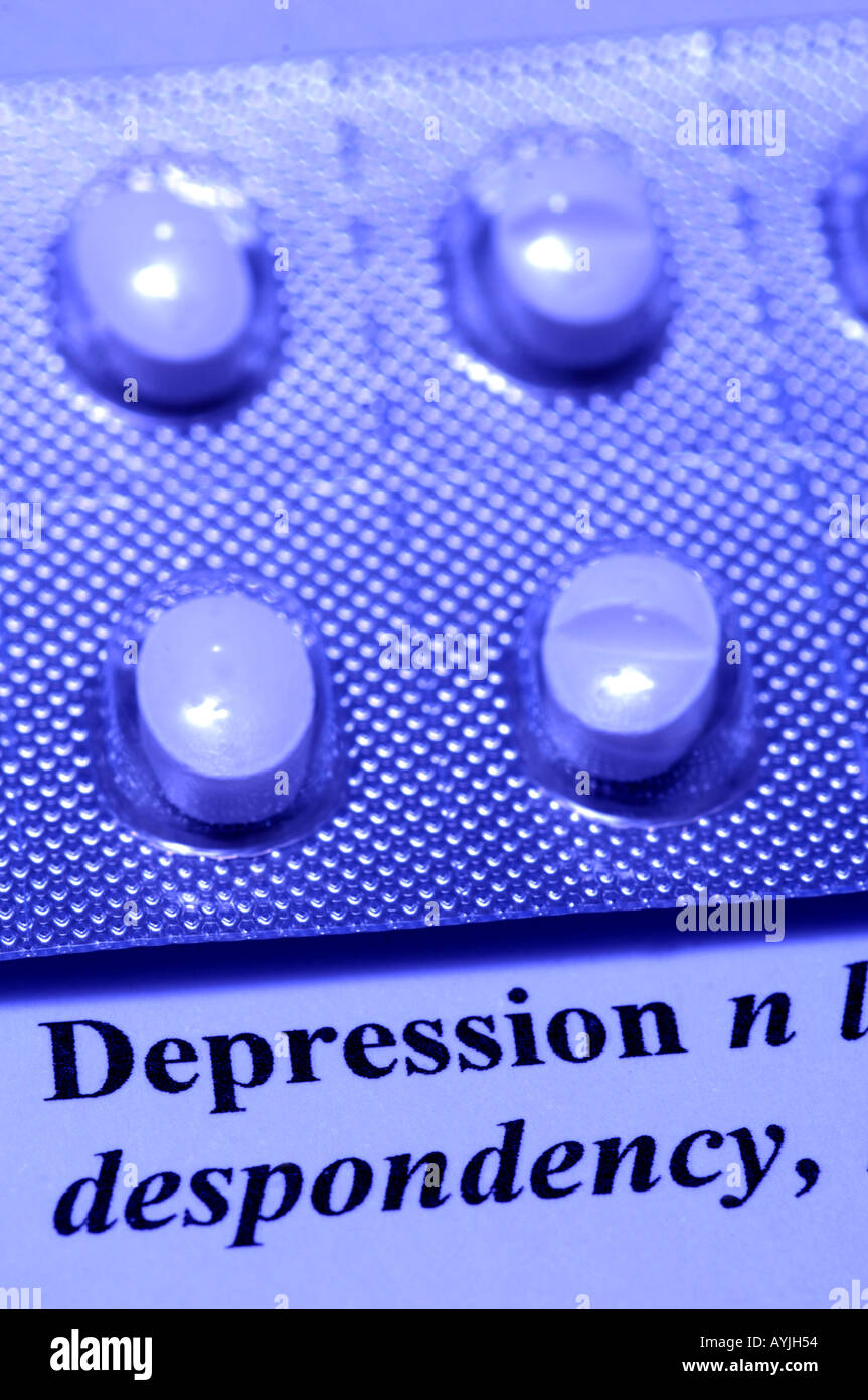 Anti-depressant Citalopram with the dictionary definition of the word depression Stock Photo