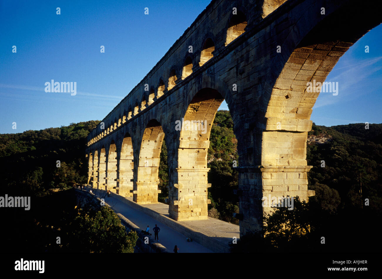 Pont du Gard Roman aqueduct, Remoulins, Languedoc, France, in evening sun Stock Photo