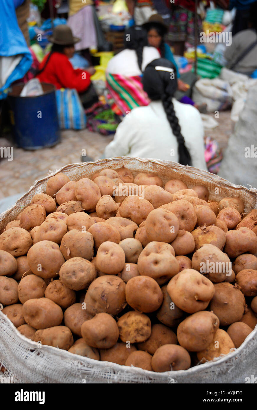 Potatoes on sale at the weekly market in the Andean village of Pisac, Peru. Stock Photo