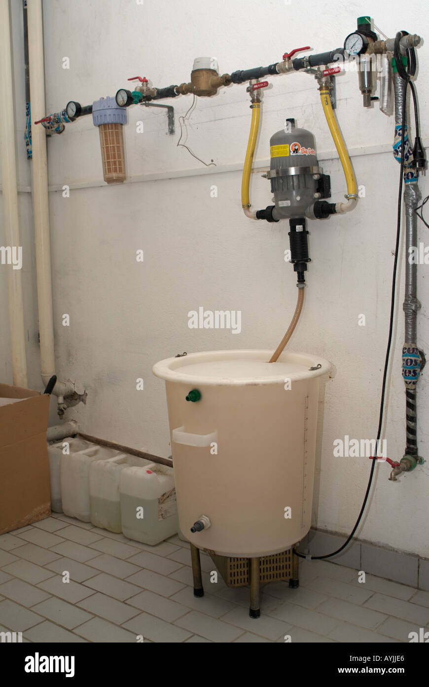 Water supply system at an industrial chicken farm This unit regulates and supplies water to 11500 birds Stock Photo
