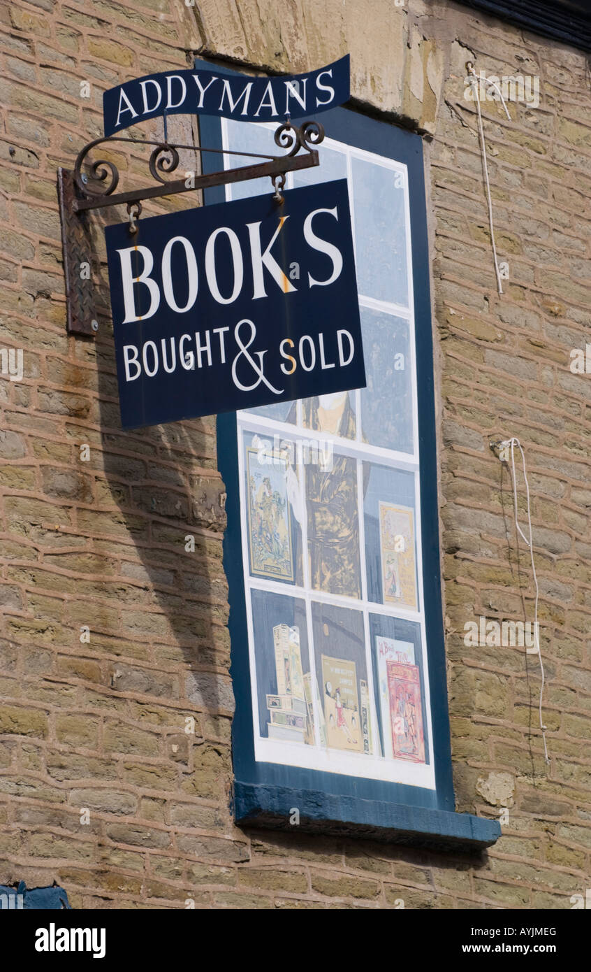 Addymans book shop sign with false painted window Hay on Wye Powys Wales UK EU Stock Photo