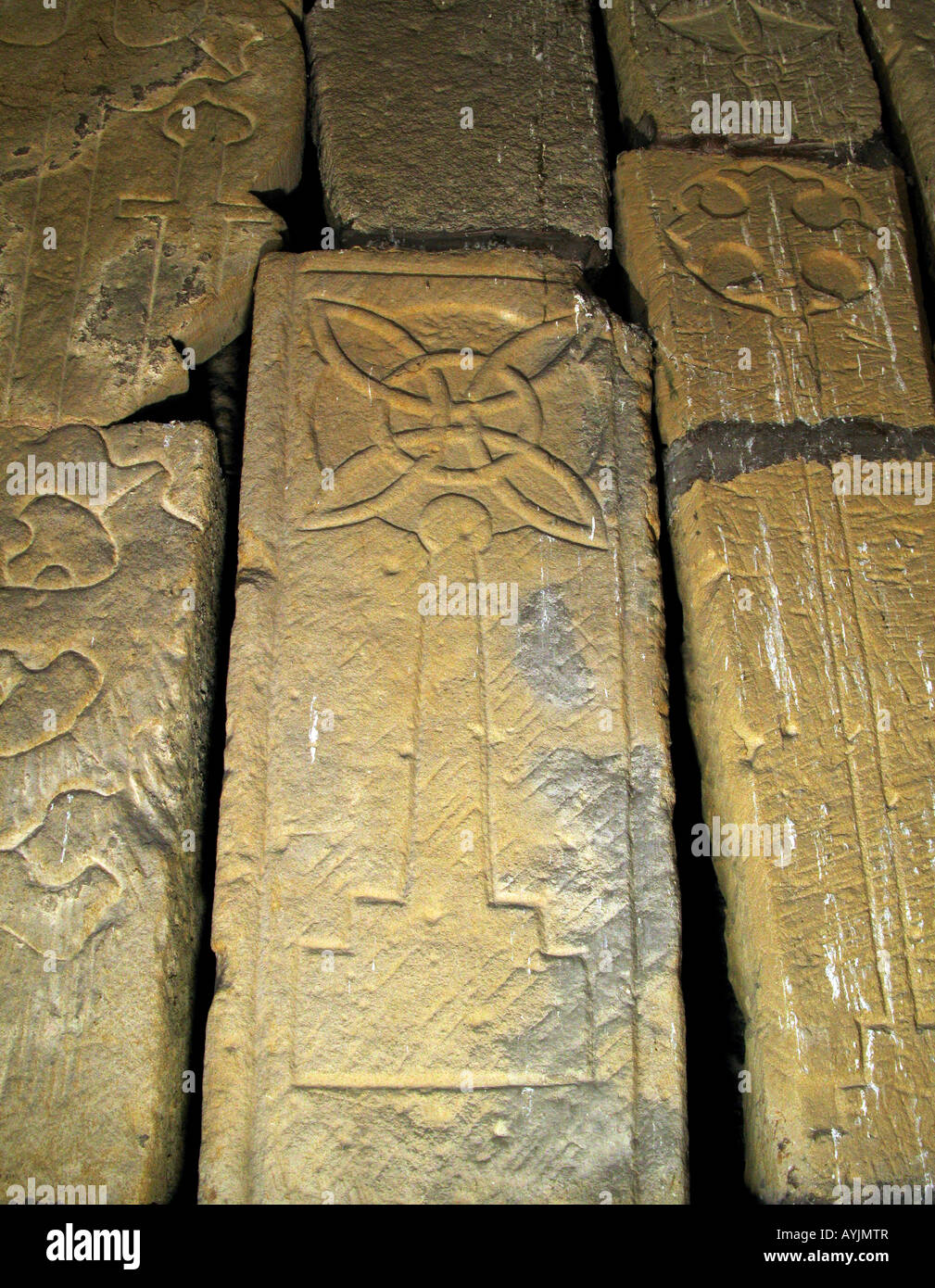 Fragments of carved stone in Bakewell All Saints church Derbyshire Peak District National park, England Stock Photo