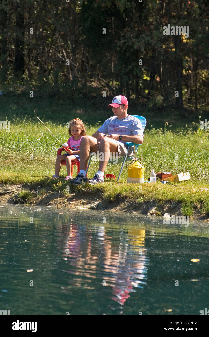 Young Father Fishing With Daughter Harrison County Indiana Stock Photo