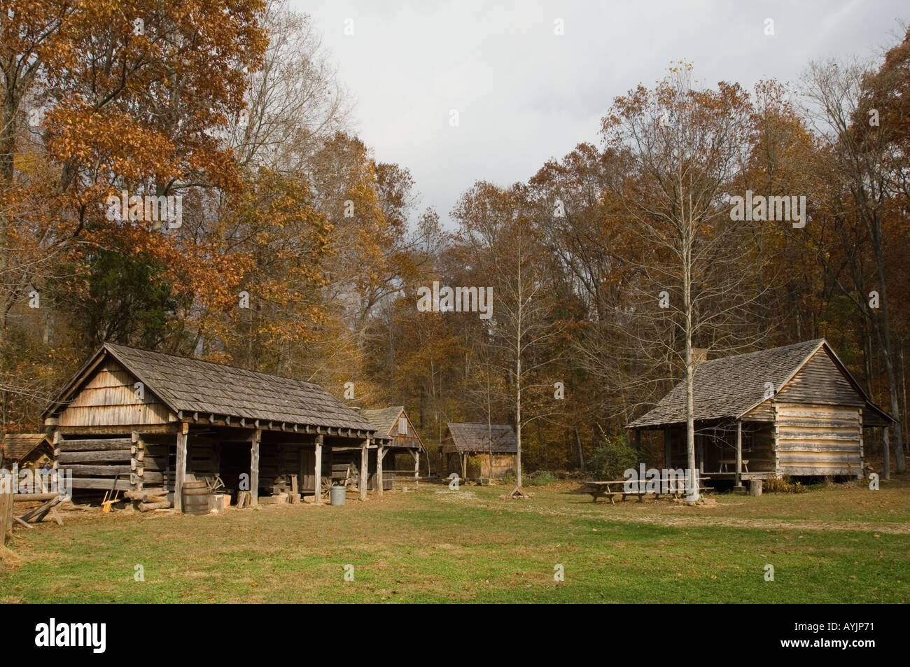 Log Cabins Out Buildings O Bannon Woods State Park Stock Photo