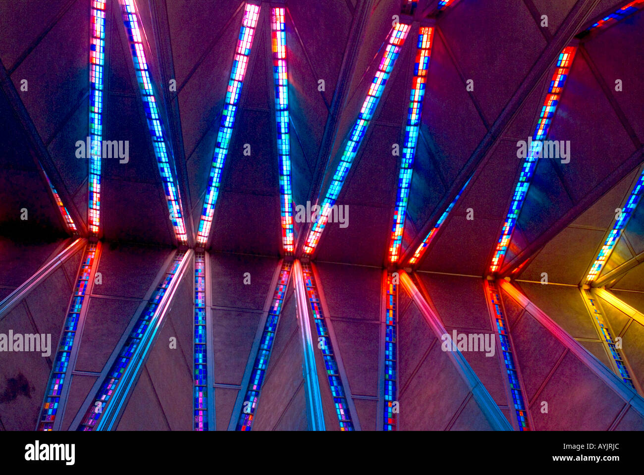 Ceiling Shot Of Stained Glass Panels In The 150 Foot Spires Of The