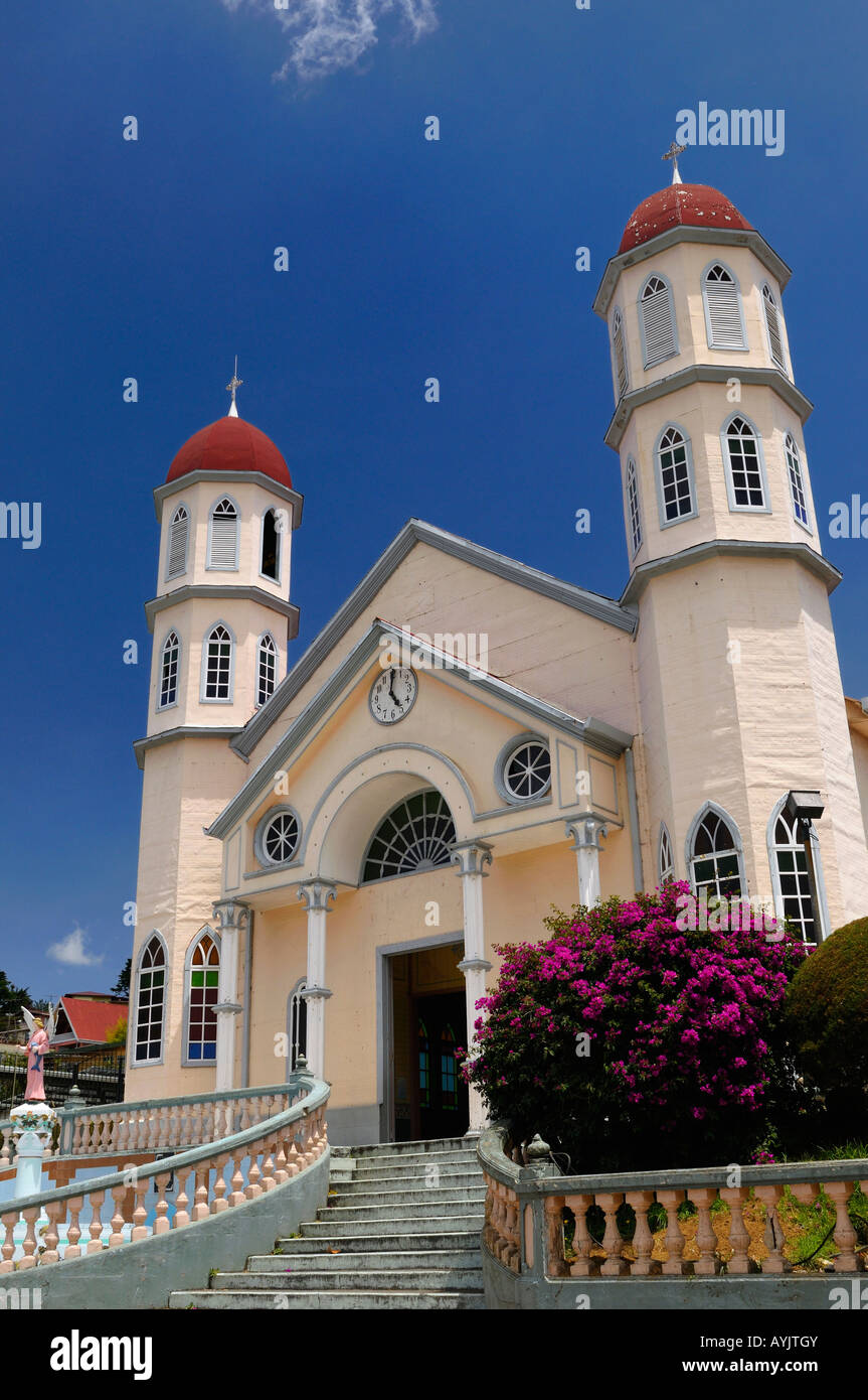 Front of church of San Rafael in Zarcero Costa Rica at Park Francisco Alvardo with twin spires Stock Photo