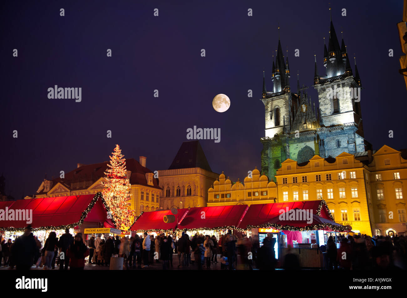 'Christmas Market' In Prague's Old Town Square with Church Of Out Lady Before Tyn at night Stock Photo