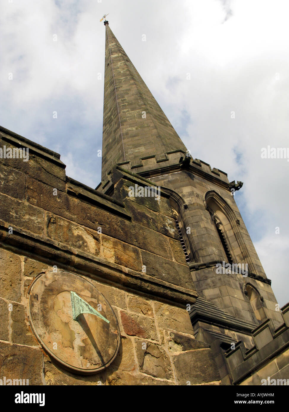 Sundial and steeple on Bakewell All Saints church Derbyshire Peak District National park, England Stock Photo