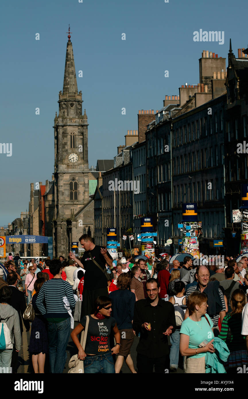 Crowds of visitors in High Street, during Edinburgh Fringe Festival Stock Photo