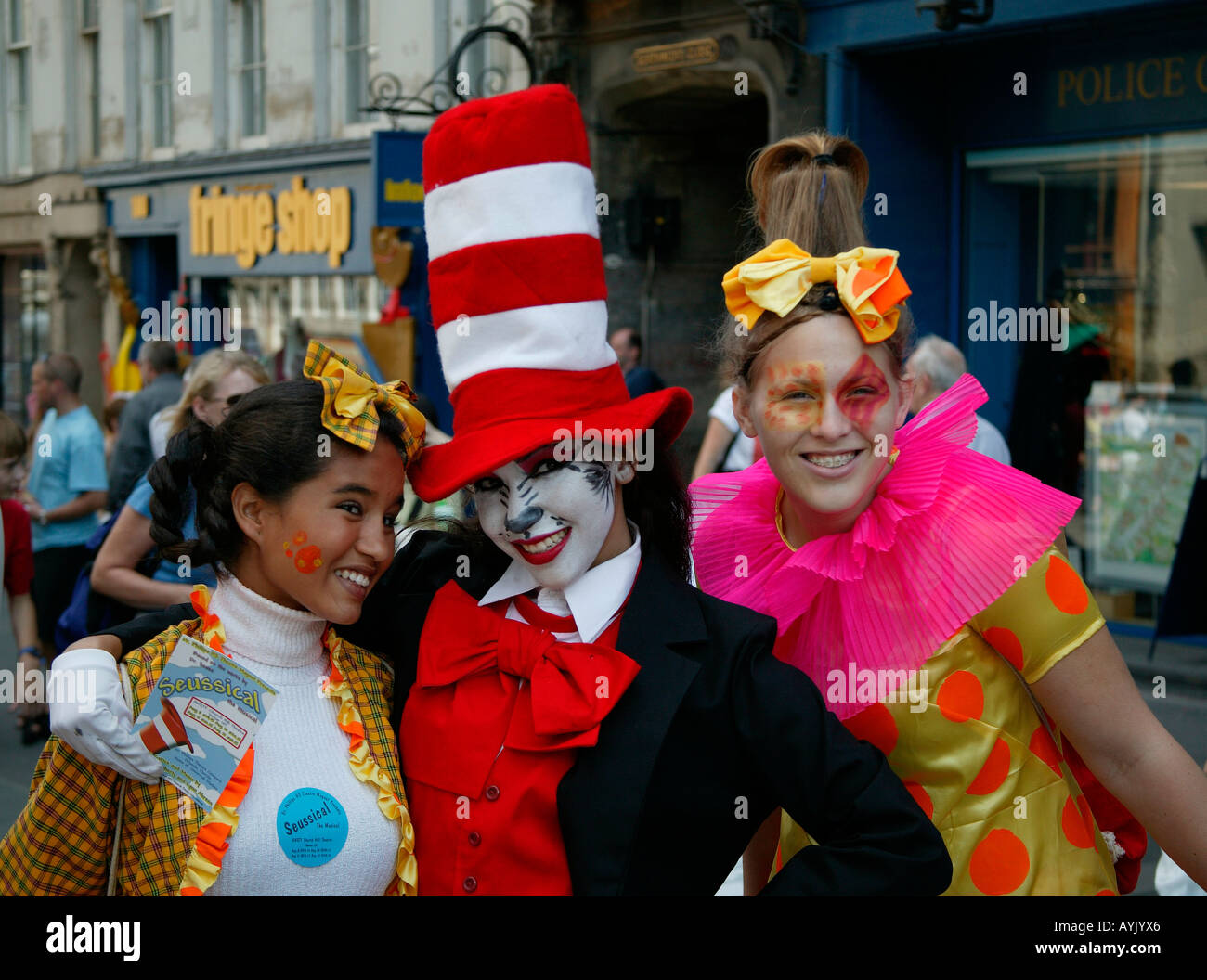 Three female actors promoting their show, Edinburgh Fringe Festival, Scotland Stock Photo