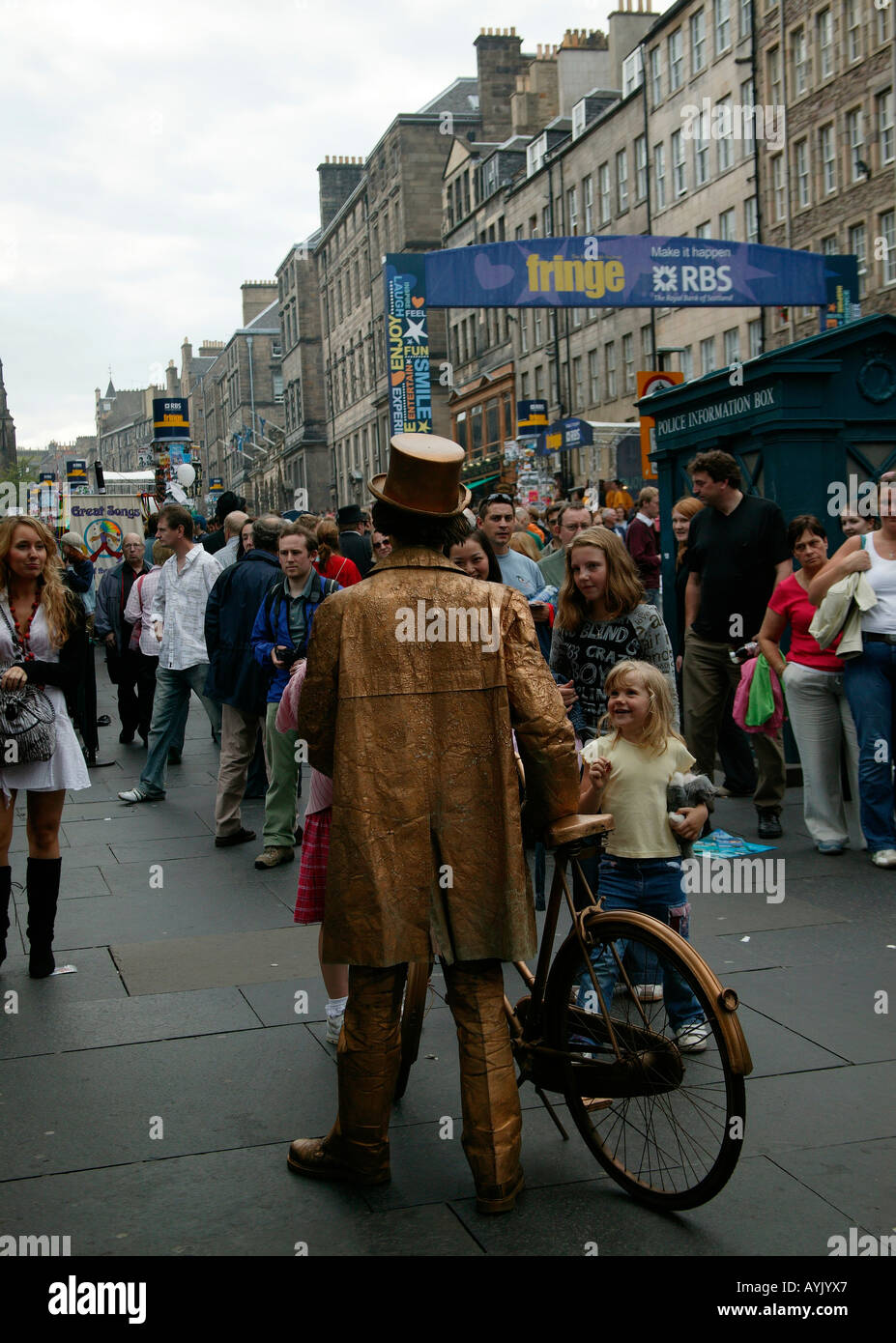 Male street statue with bicycle, Edinburgh Fringe Festival, Scotland Stock Photo