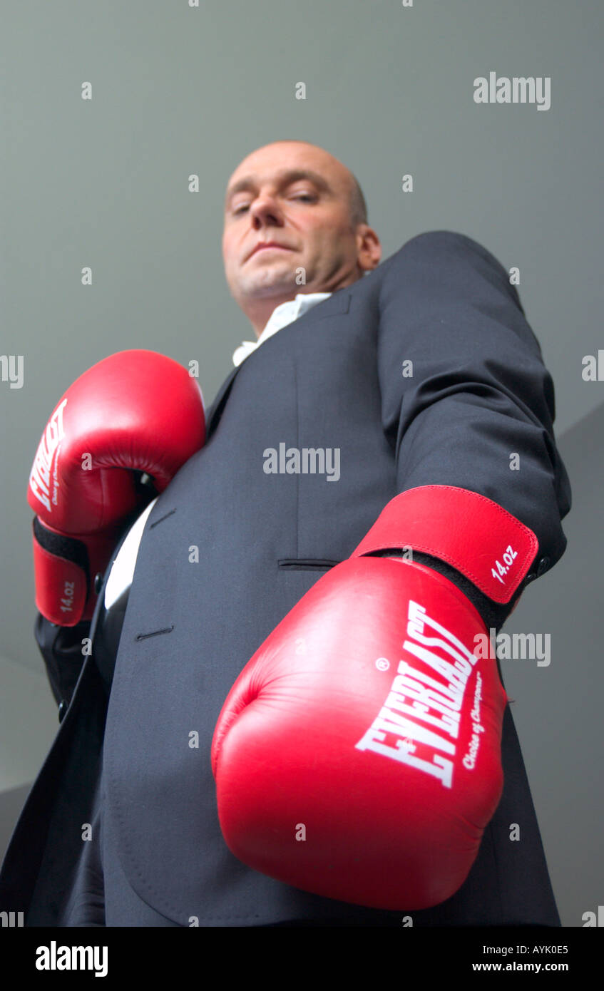 bald business man wearing boxing gloves stares down into camera Stock Photo