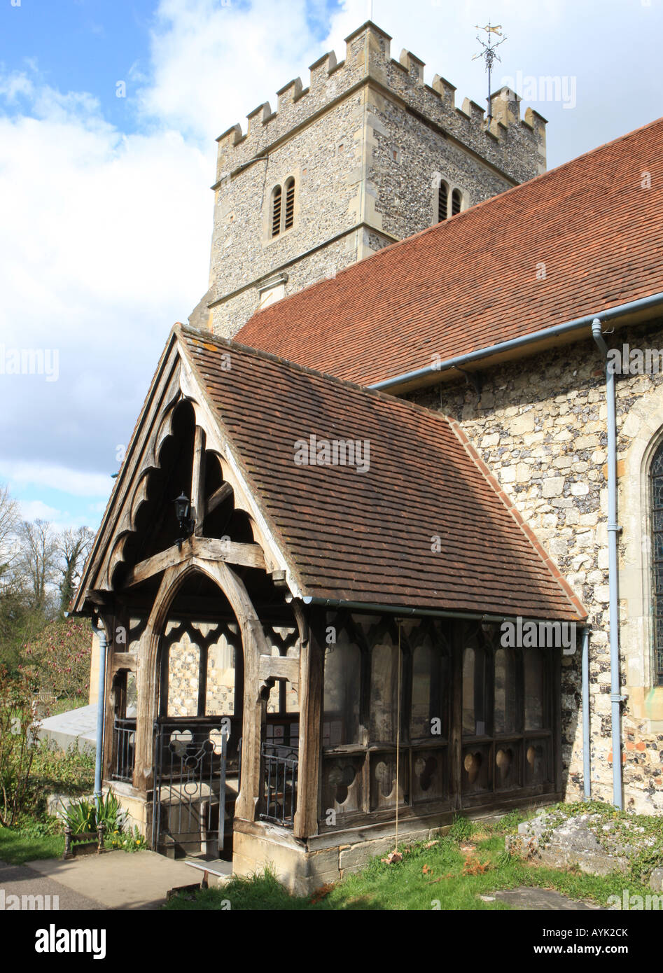 Wooden porch on the church at Cookham on a spring day Stock Photo Alamy