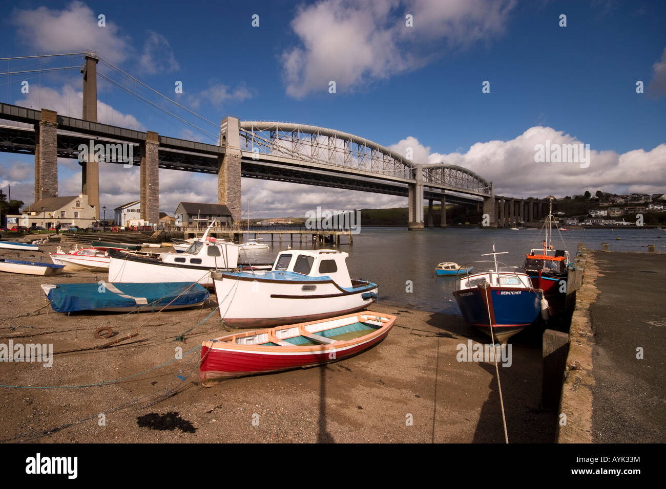 Saltash side of the Tamar river with Brunel's Royal Albert Bridge and Tamar Road Bridge behind it Stock Photo