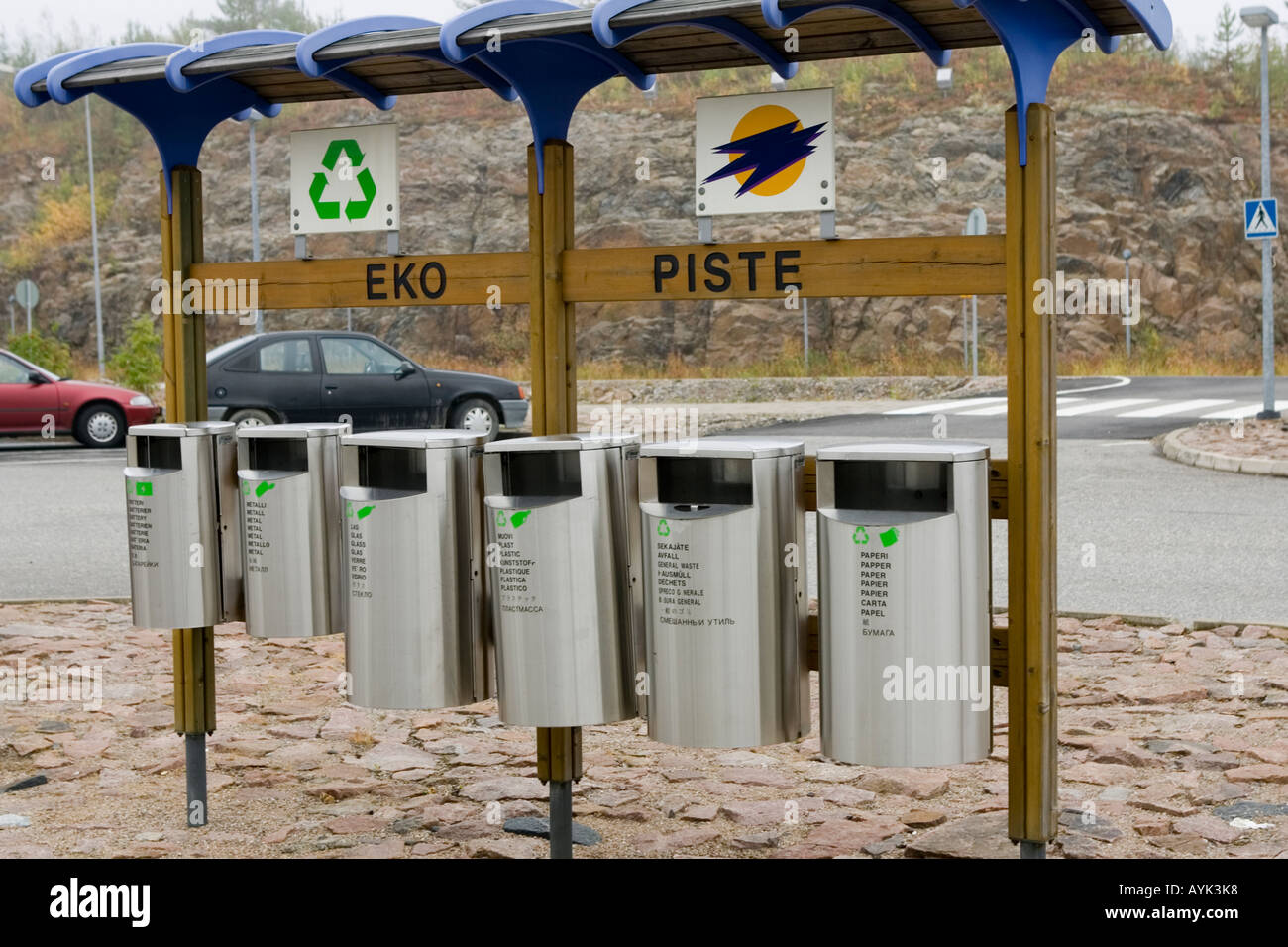 Recycling bins airport Rovaniemi Finland Stock Photo Alamy