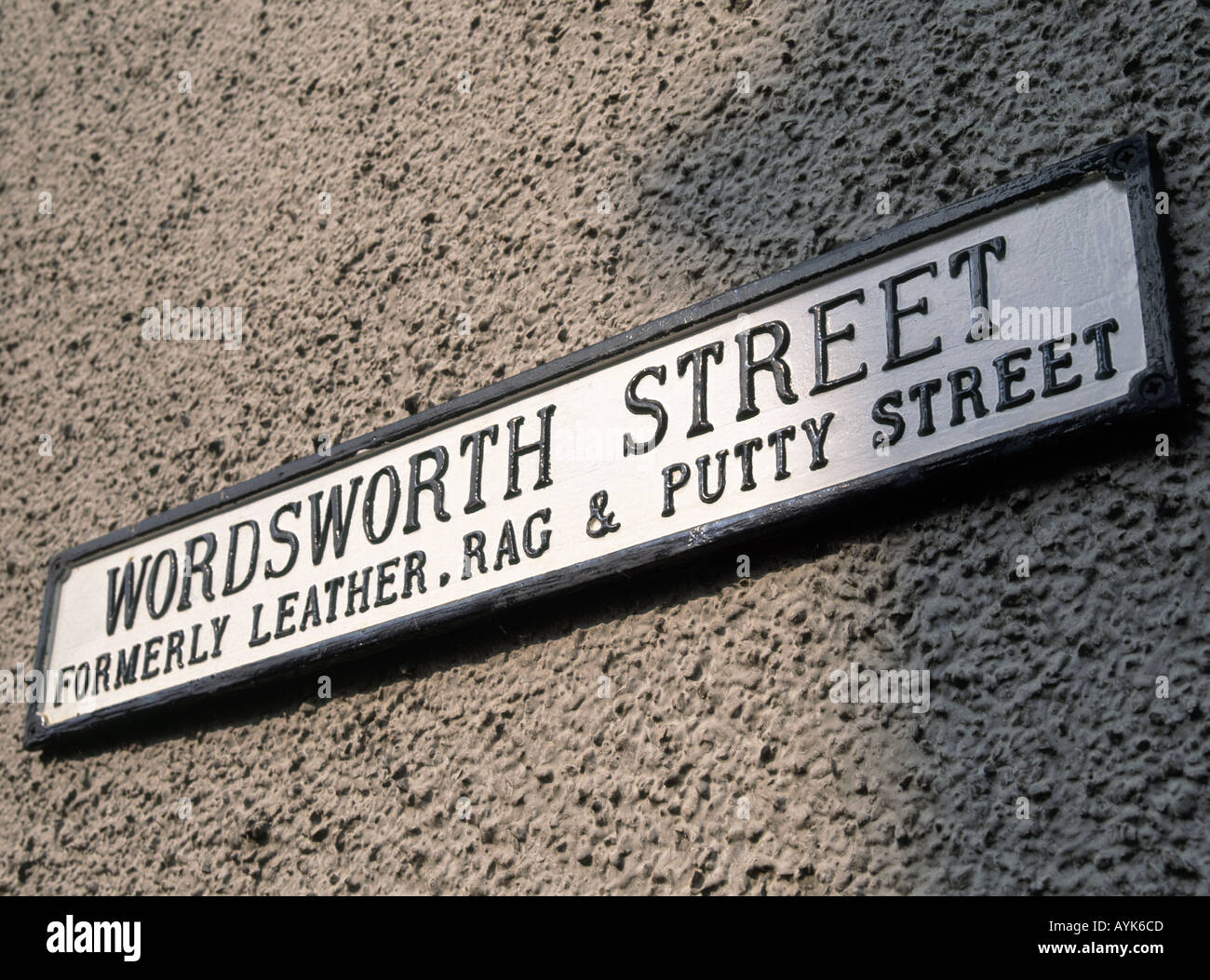 Hawkshead street sign for Wordsworth Street formerly Leather Rag Putty Street village associated with Beatrix Potter Stock Photo