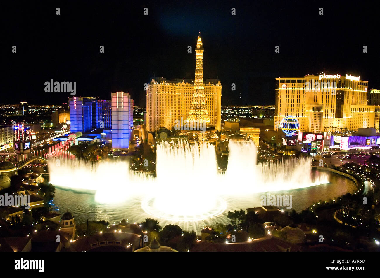 The famous fountain of the Bellagio Hotel in Las Vegas, NV. The Vegas Strip is visible in the
