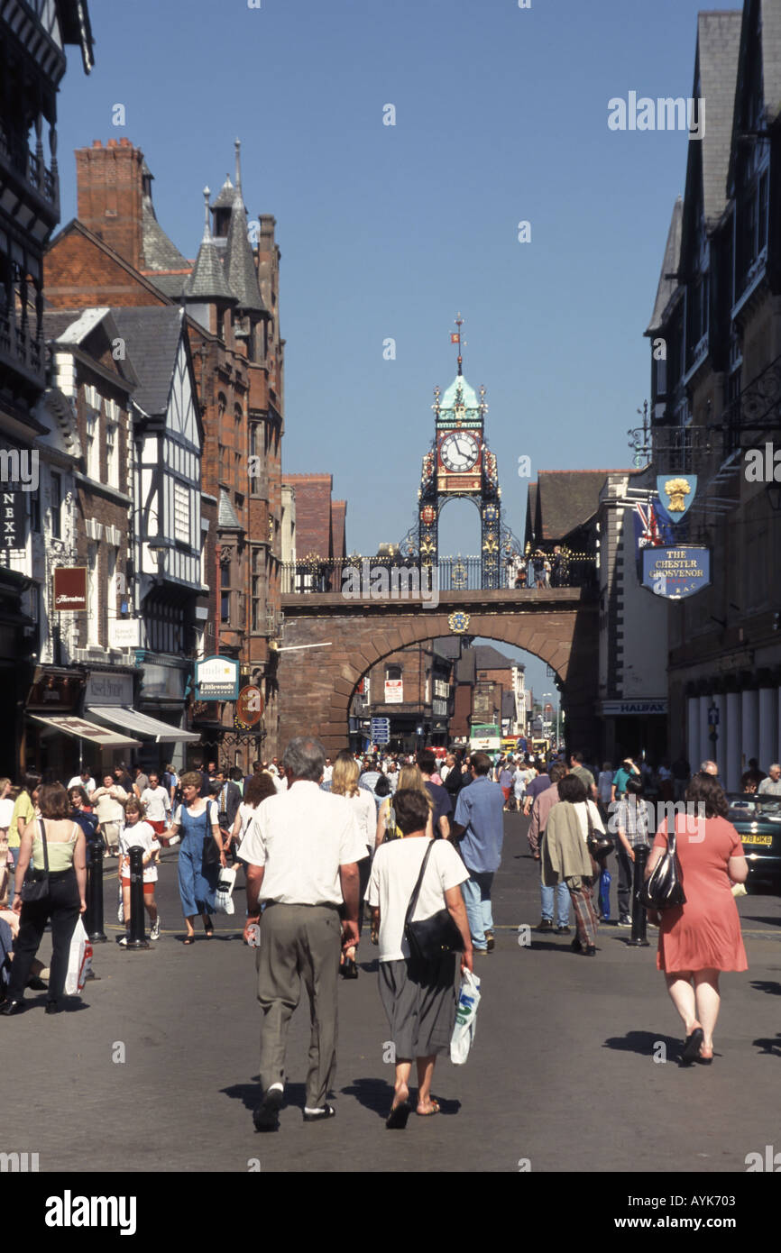 Chester shoppers and tourists in Eastgate street Stock Photo