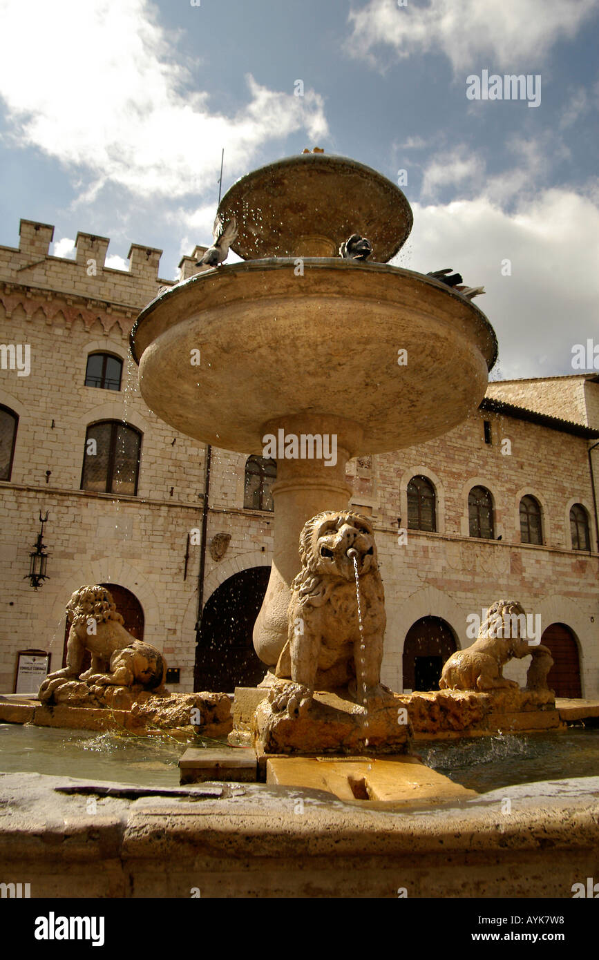 Fountain in Piazza Comune Assisi Italy upright vertical portrait Stock Photo