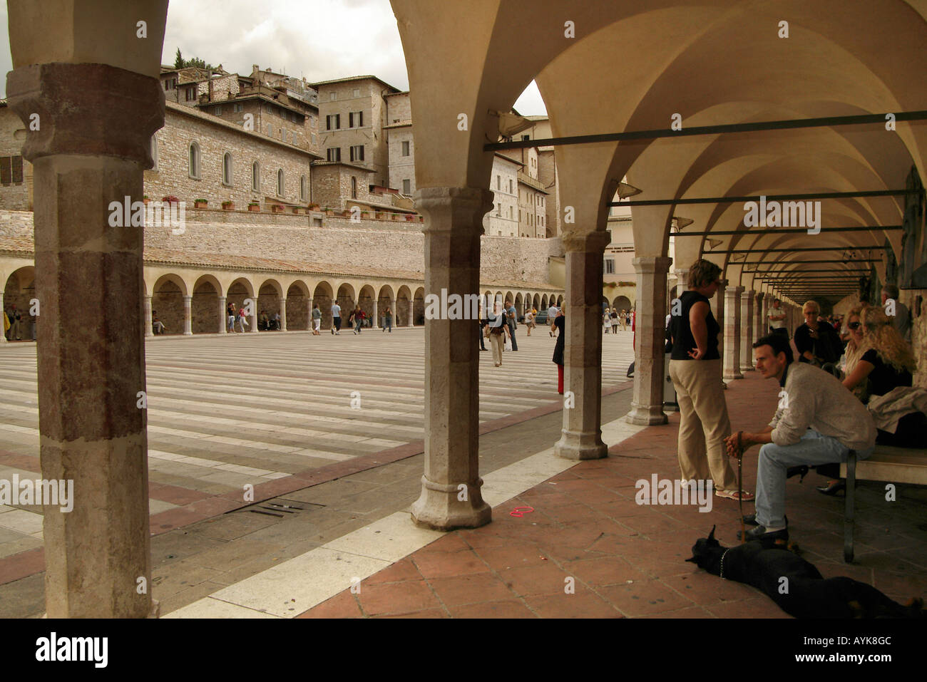 The Basilica of San Francesco d'Assisi colonade and piazza of the lower church Stock Photo