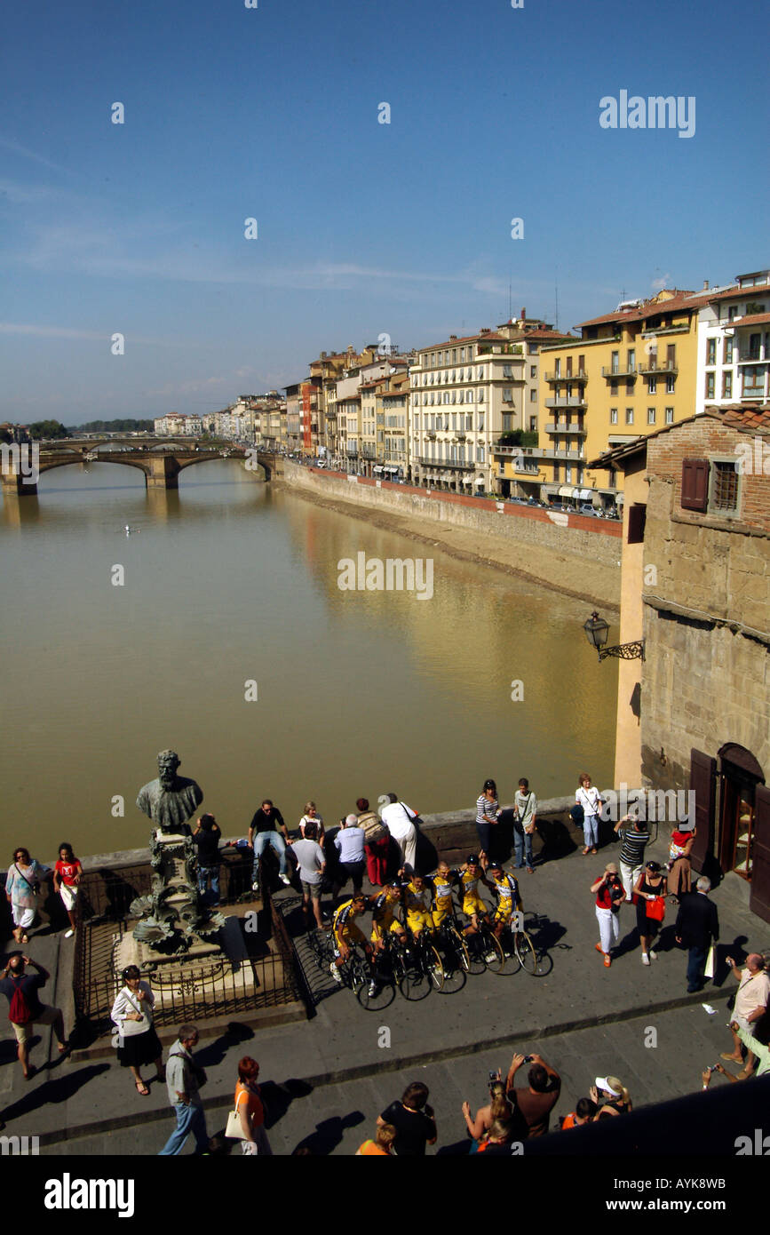 View from Vasari Corridor Uffizi Museum of the Ponte Vecchio Florence upright vertical portrait Stock Photo