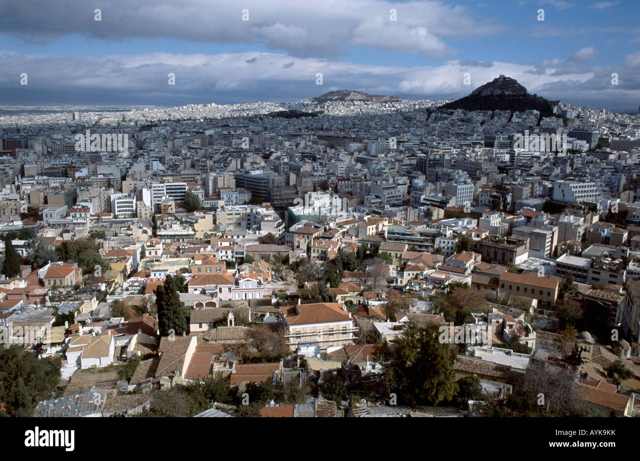 Aerial view overlooking Athens suburb of Kolonaki and Lykavittos Hill