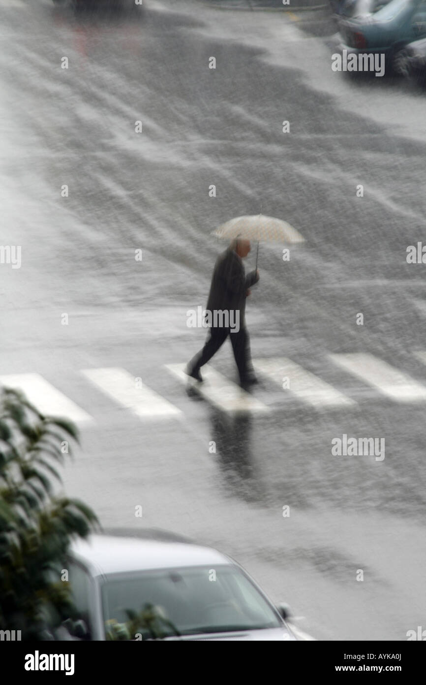 woman crossing road with umbrella in rain Stock Photo - Alamy