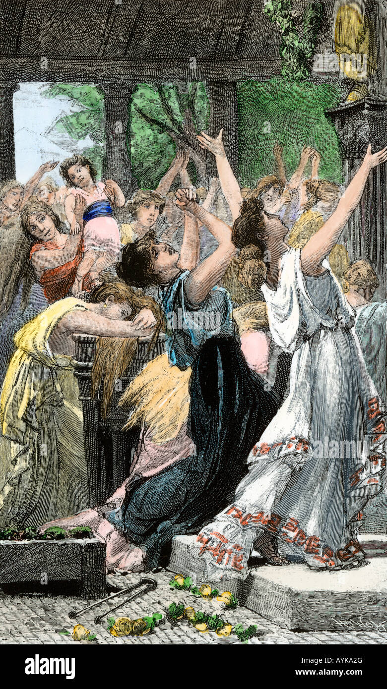 Roman women supplicating the gods to save the city from Hannibal and the Carthaginians 216 BC. Hand-colored halftone of an illustration Stock Photo