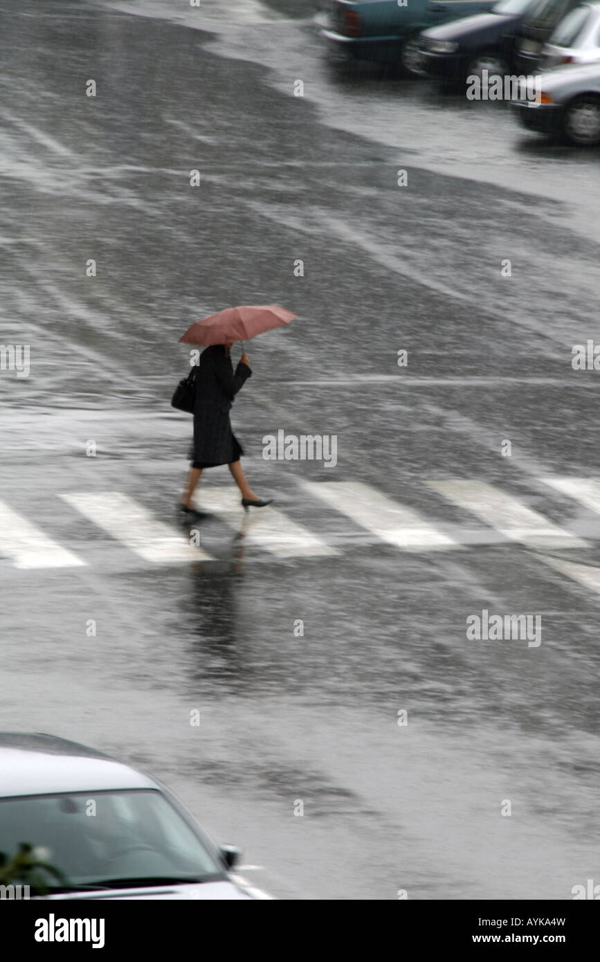 woman with umbrella crossing road in rain Stock Photo - Alamy